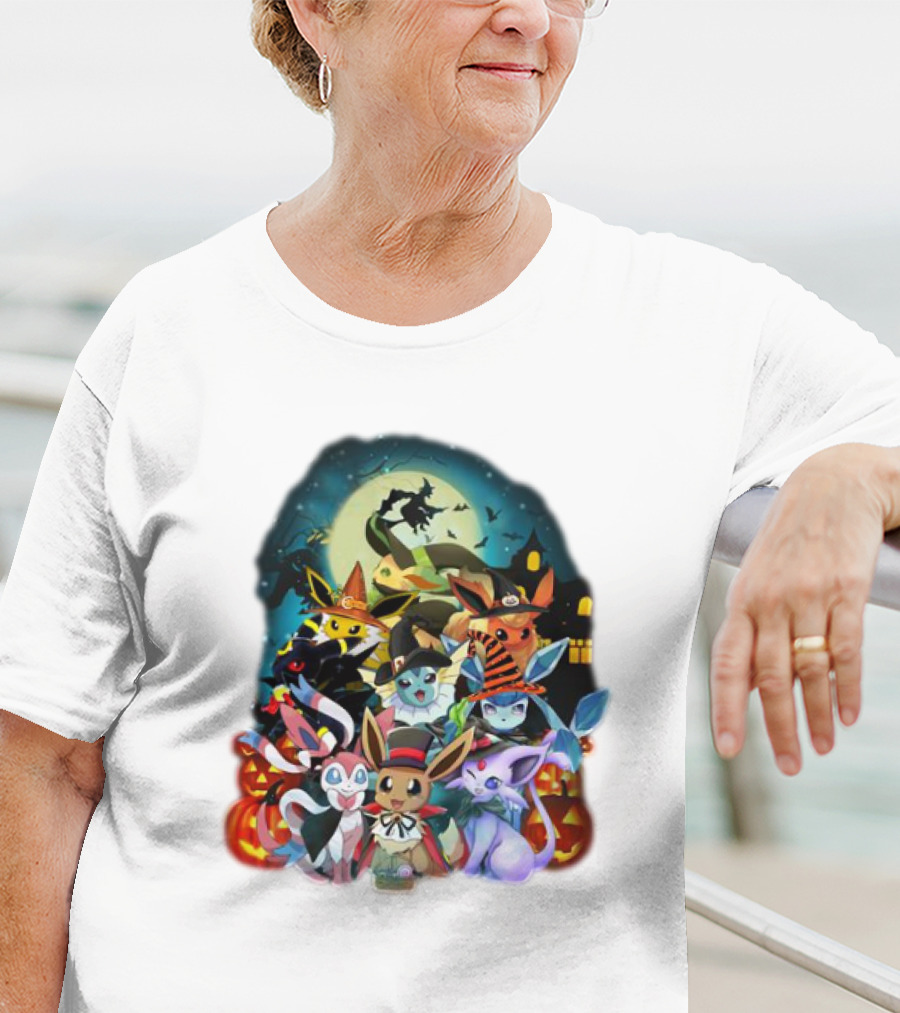 Halloween Eevee All Evolutions With Pumpkins And Witch Hat Moon Scene T-Shirt