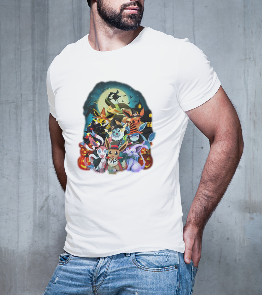 Halloween Eevee All Evolutions With Pumpkins And Witch Hat Moon Scene T-Shirt
