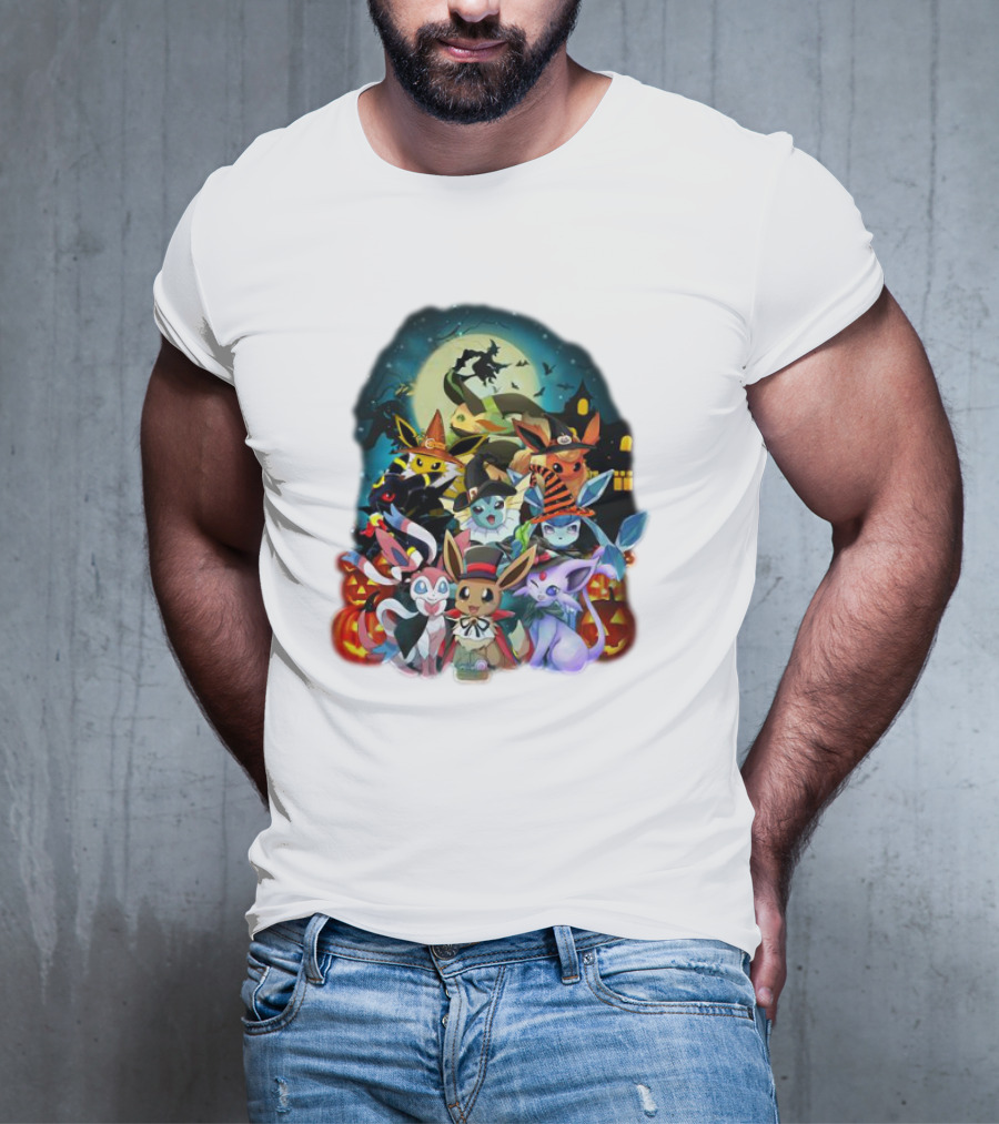 Halloween Eevee All Evolutions With Pumpkins And Witch Hat Moon Scene T-Shirt