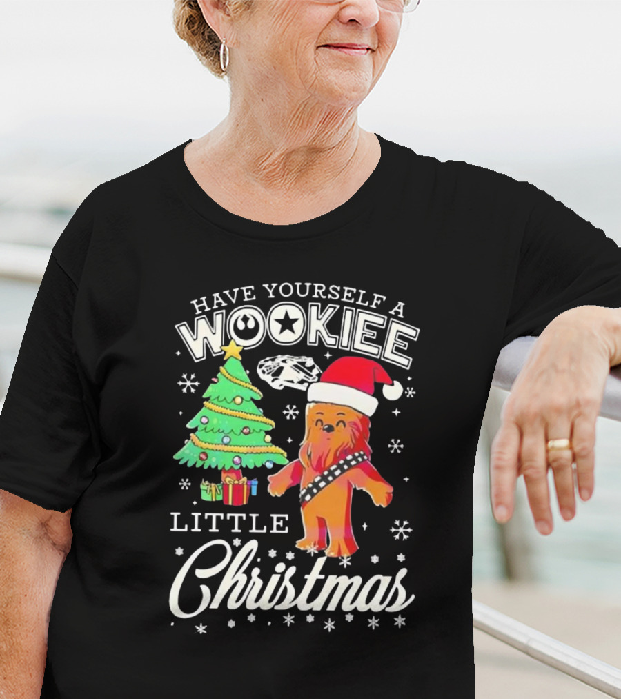 Have Yourself A Wookiee Little Christmas Tree Chewbacca Santa Hat Millennium Falcon Snowflakes T-Shirt