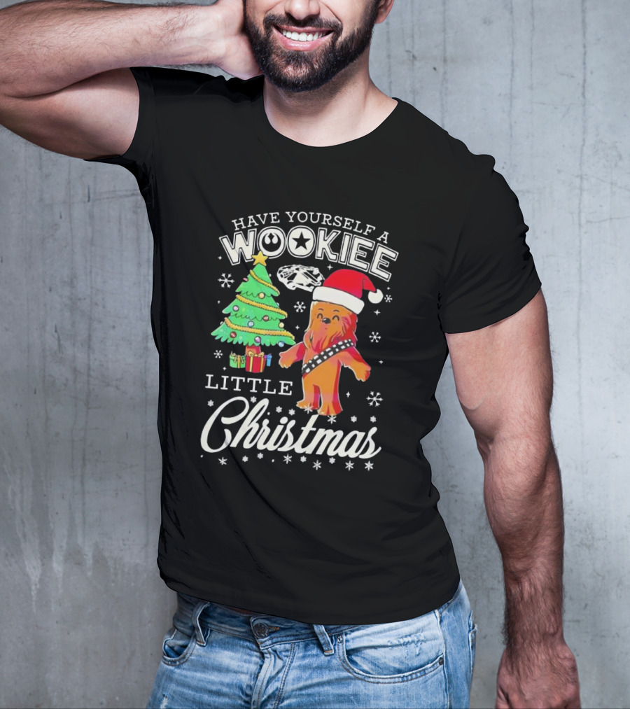 Have Yourself A Wookiee Little Christmas Tree Chewbacca Santa Hat Millennium Falcon Snowflakes T-Shirt