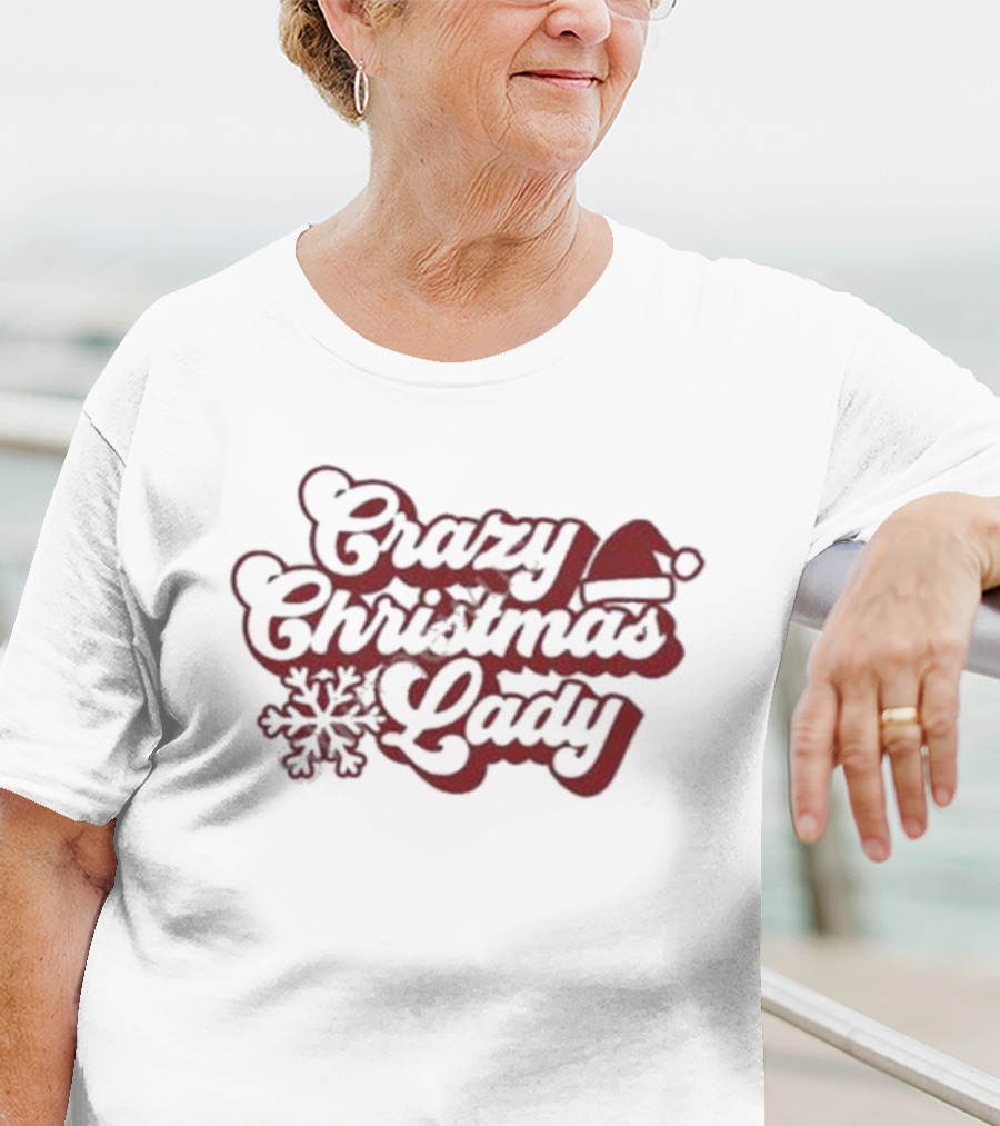 Crazy Christmas Lady Hillbillies Apparel Merch Santa Hat Snowflakes T-Shirt