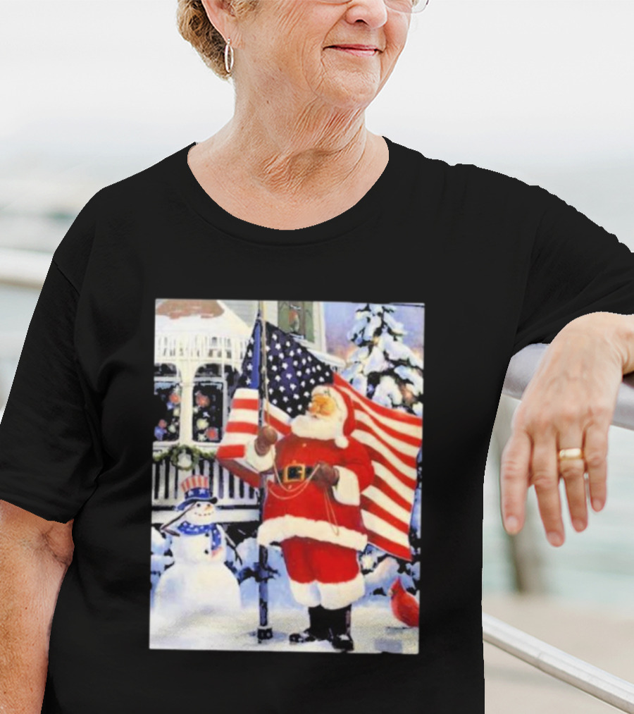 Santa Claus And Snowman With American Flag In Winter Scene T-Shirt