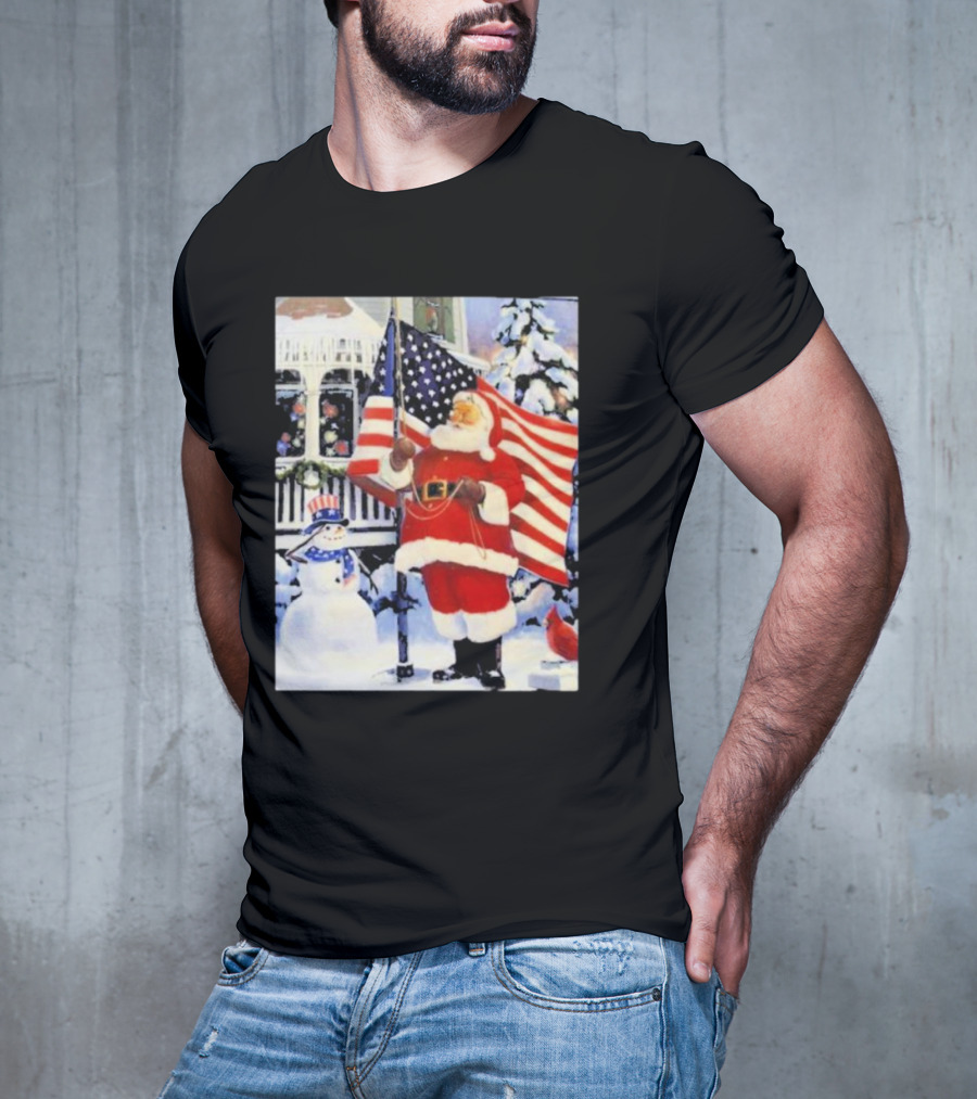Santa Claus And Snowman With American Flag In Winter Scene T-Shirt