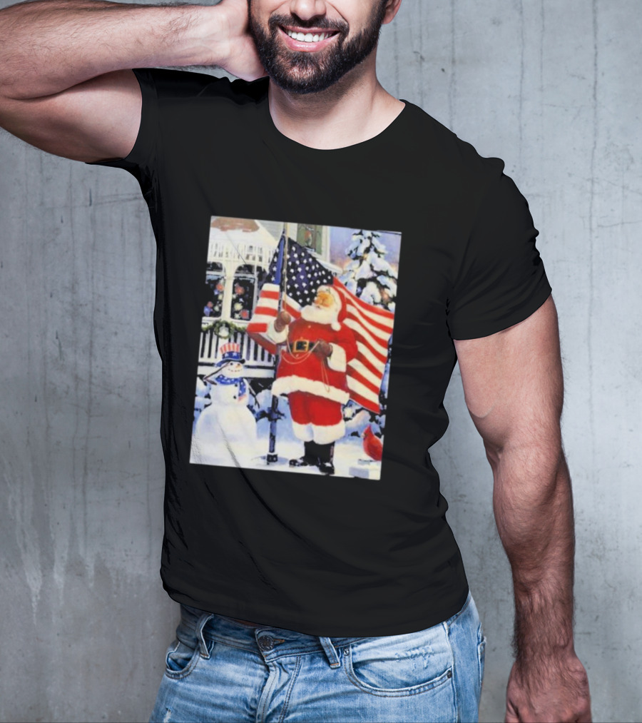 Santa Claus And Snowman With American Flag In Winter Scene T-Shirt