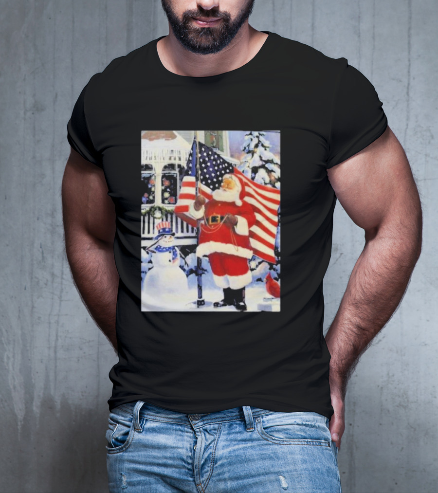 Santa Claus And Snowman With American Flag In Winter Scene T-Shirt