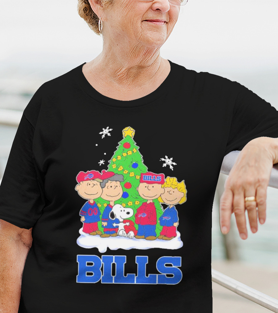 Peanuts Characters With Buffalo Bills Christmas Tree And Snowflakes T-Shirt