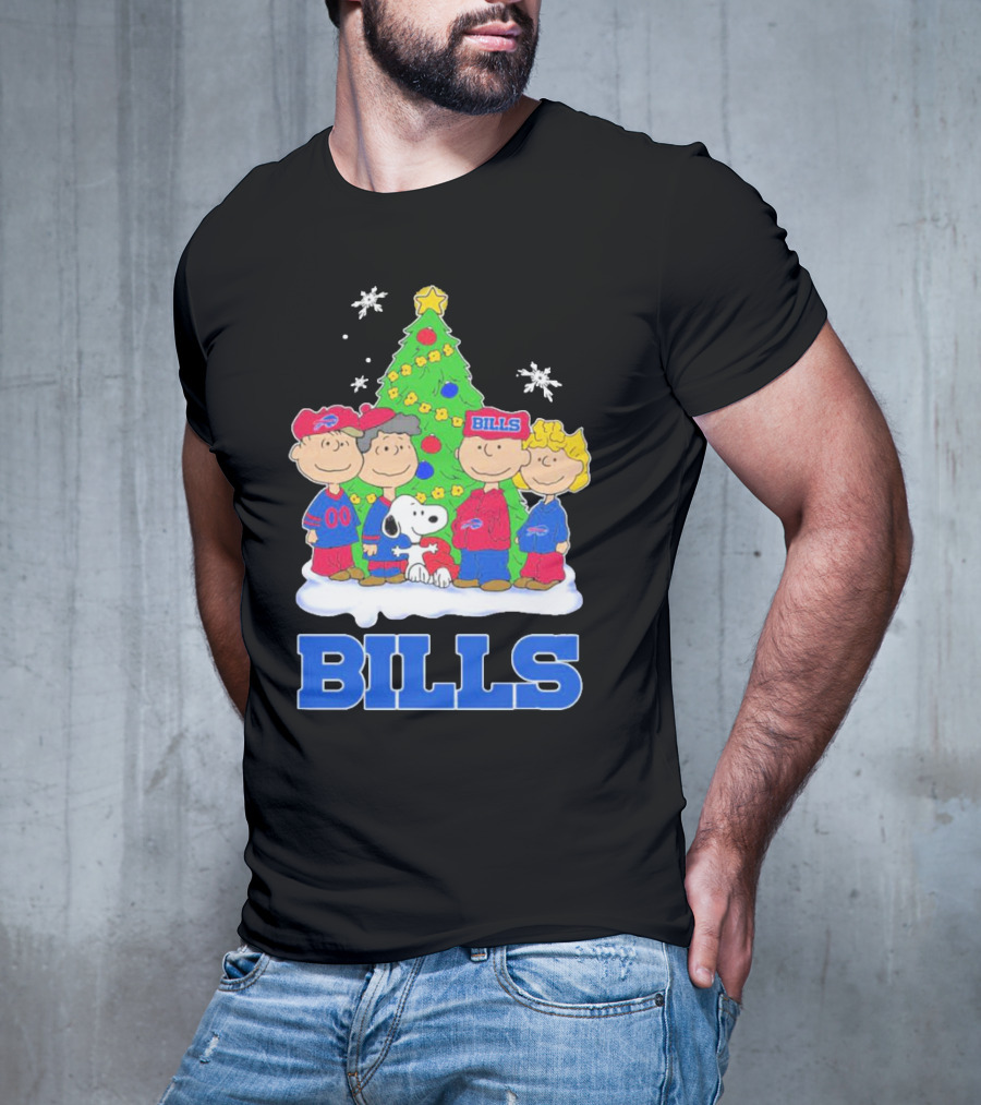 Peanuts Characters With Buffalo Bills Christmas Tree And Snowflakes T-Shirt