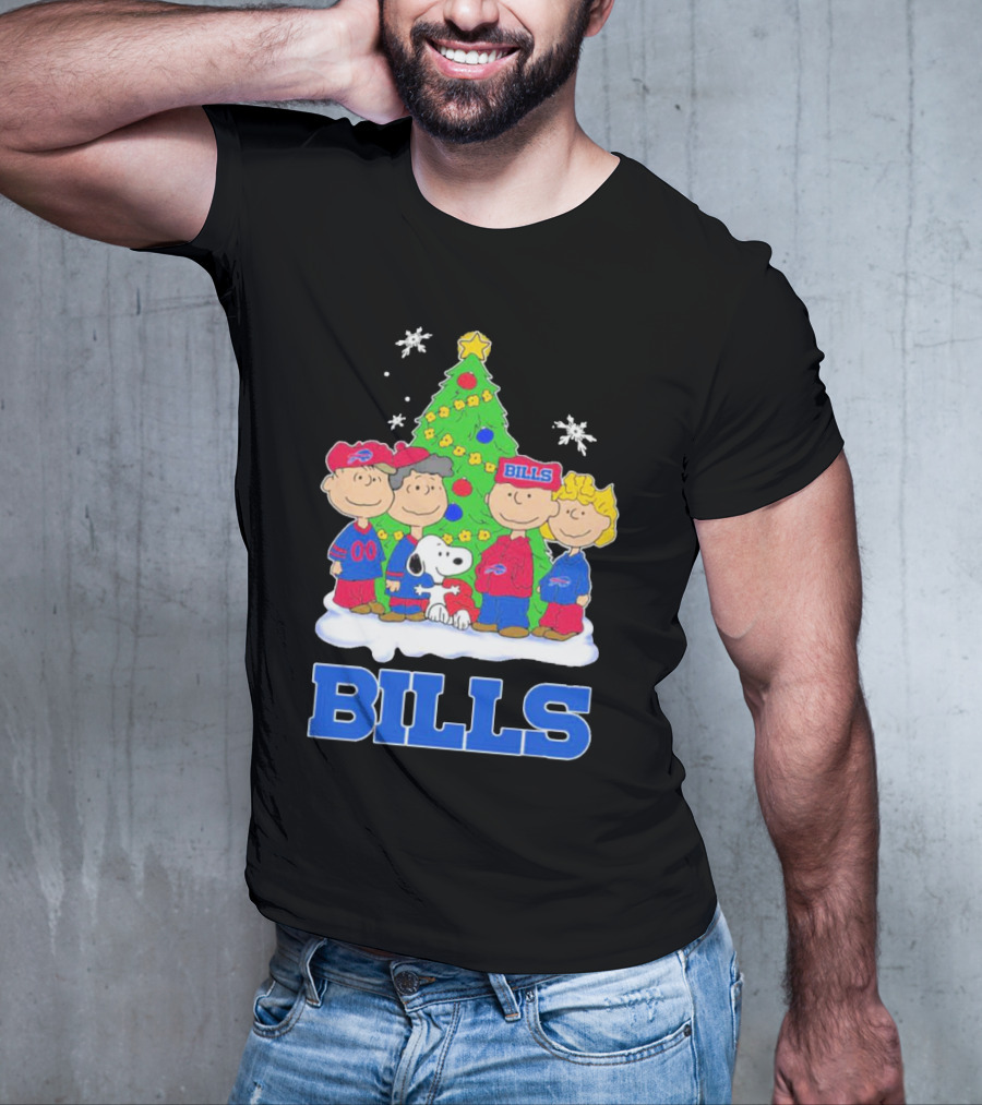Peanuts Characters With Buffalo Bills Christmas Tree And Snowflakes T-Shirt
