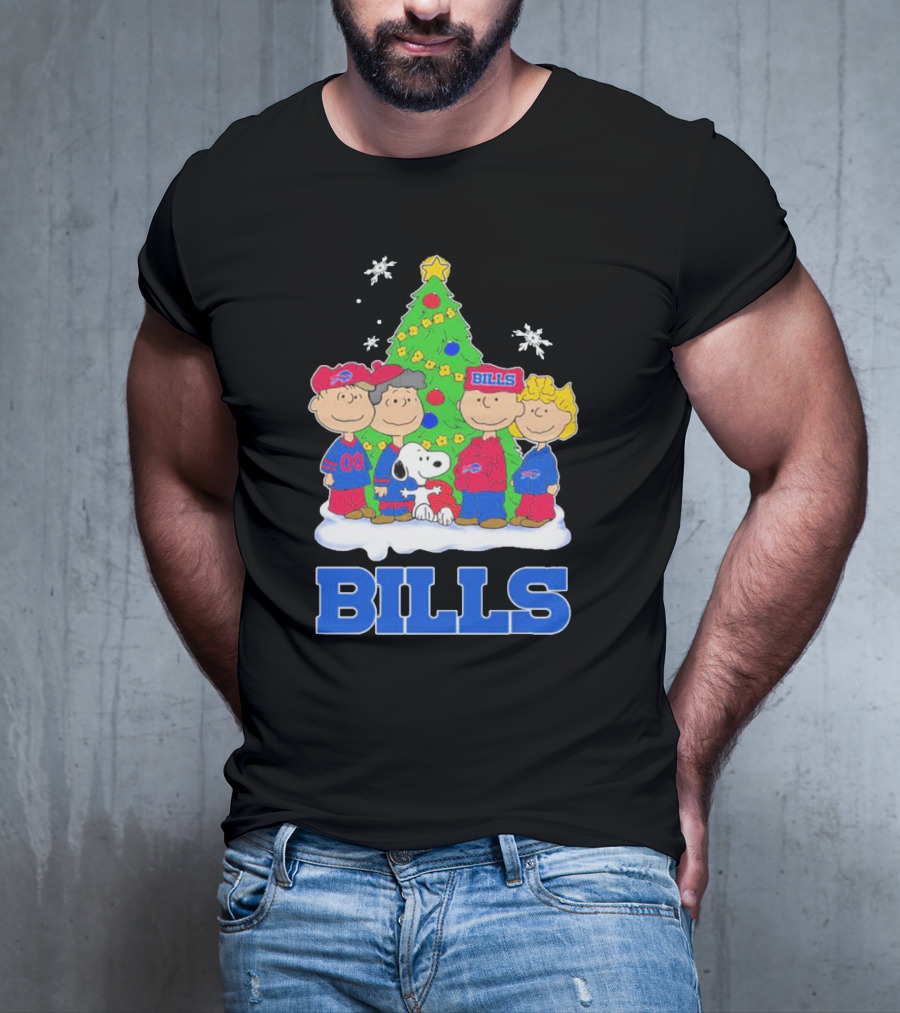 Peanuts Characters With Buffalo Bills Christmas Tree And Snowflakes T-Shirt