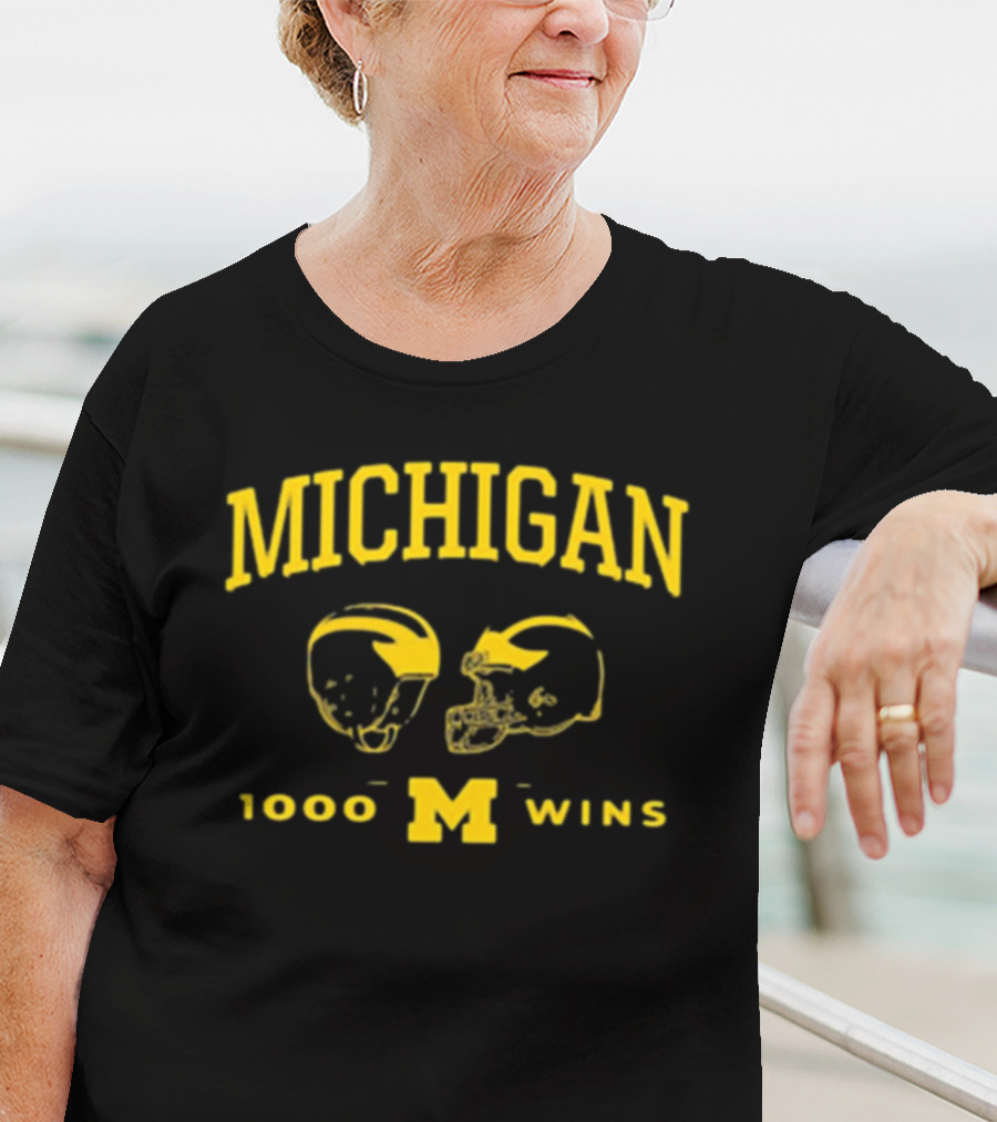 Michigan Wolverines Football 1000 Wins Celebration Dual Helmet T-Shirt