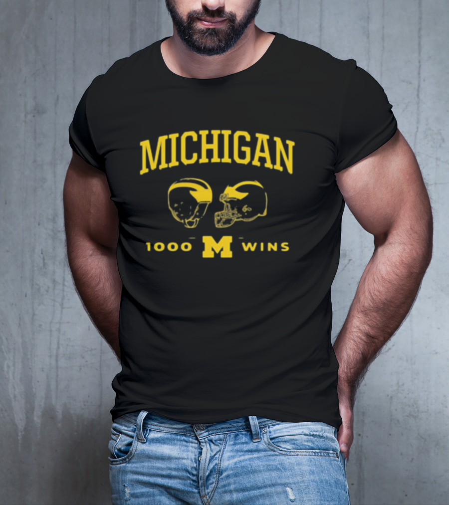 Michigan Wolverines Football 1000 Wins Celebration Dual Helmet T-Shirt
