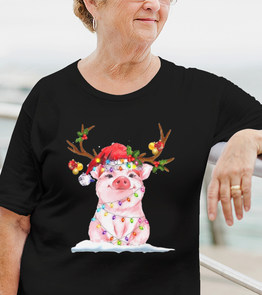 Pig Reindeer Antlers Santa Hat Christmas Lights T-Shirt
