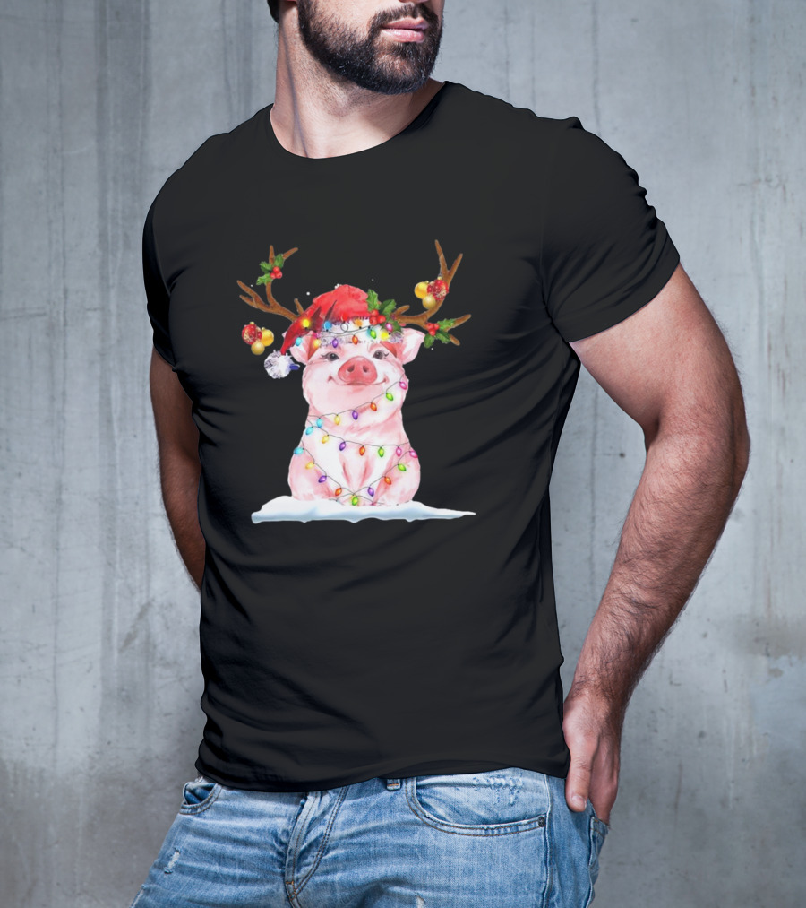 Pig Reindeer Antlers Santa Hat Christmas Lights T-Shirt