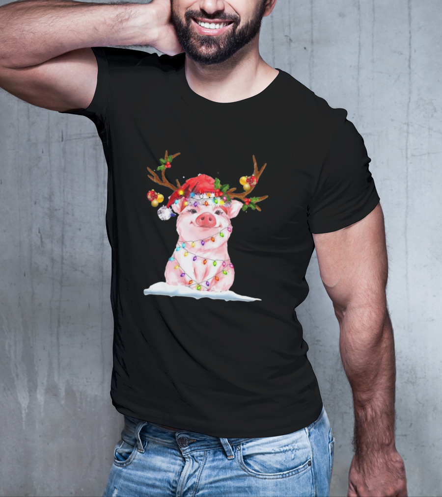 Pig Reindeer Antlers Santa Hat Christmas Lights T-Shirt