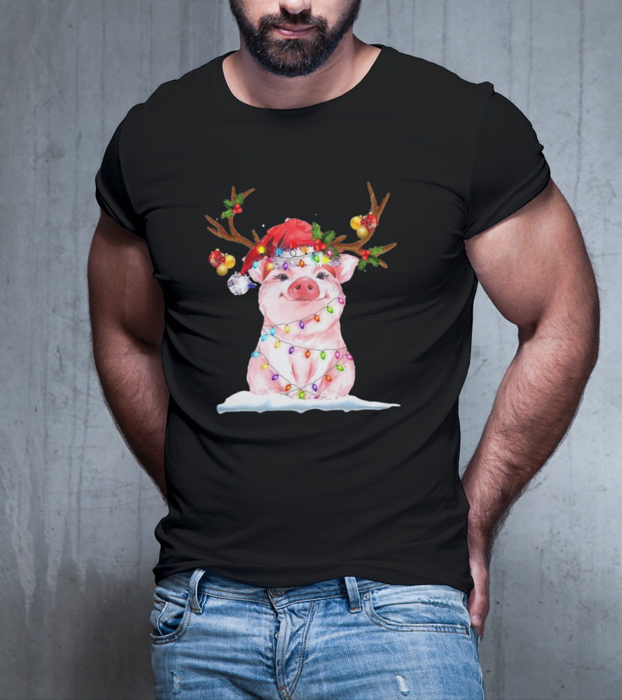Pig Reindeer Antlers Santa Hat Christmas Lights T-Shirt