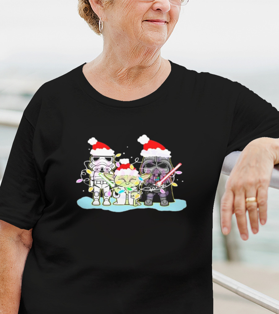 Star Wars Characters Santa Hat Christmas Lights Funny Vibes T-Shirt