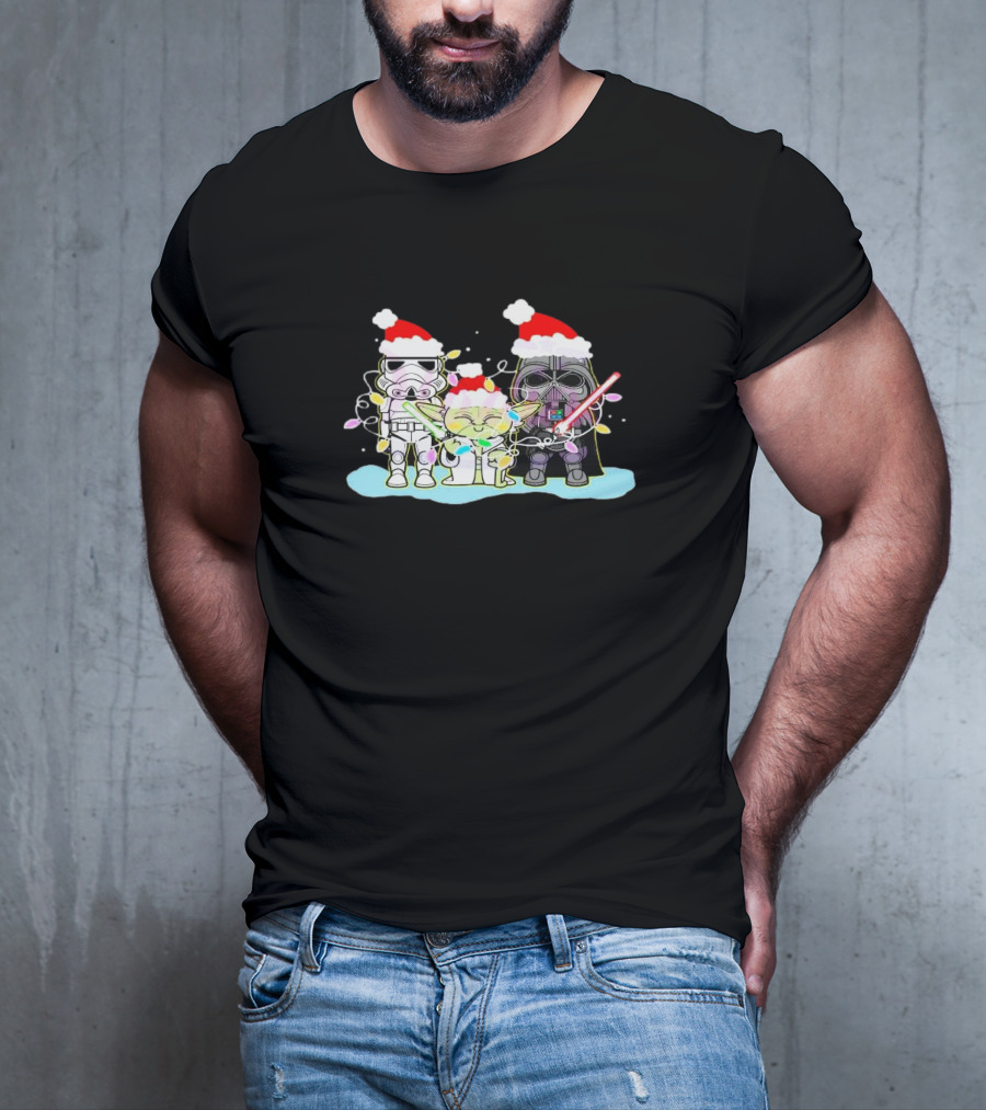 Star Wars Characters Santa Hat Christmas Lights Funny Vibes T-Shirt
