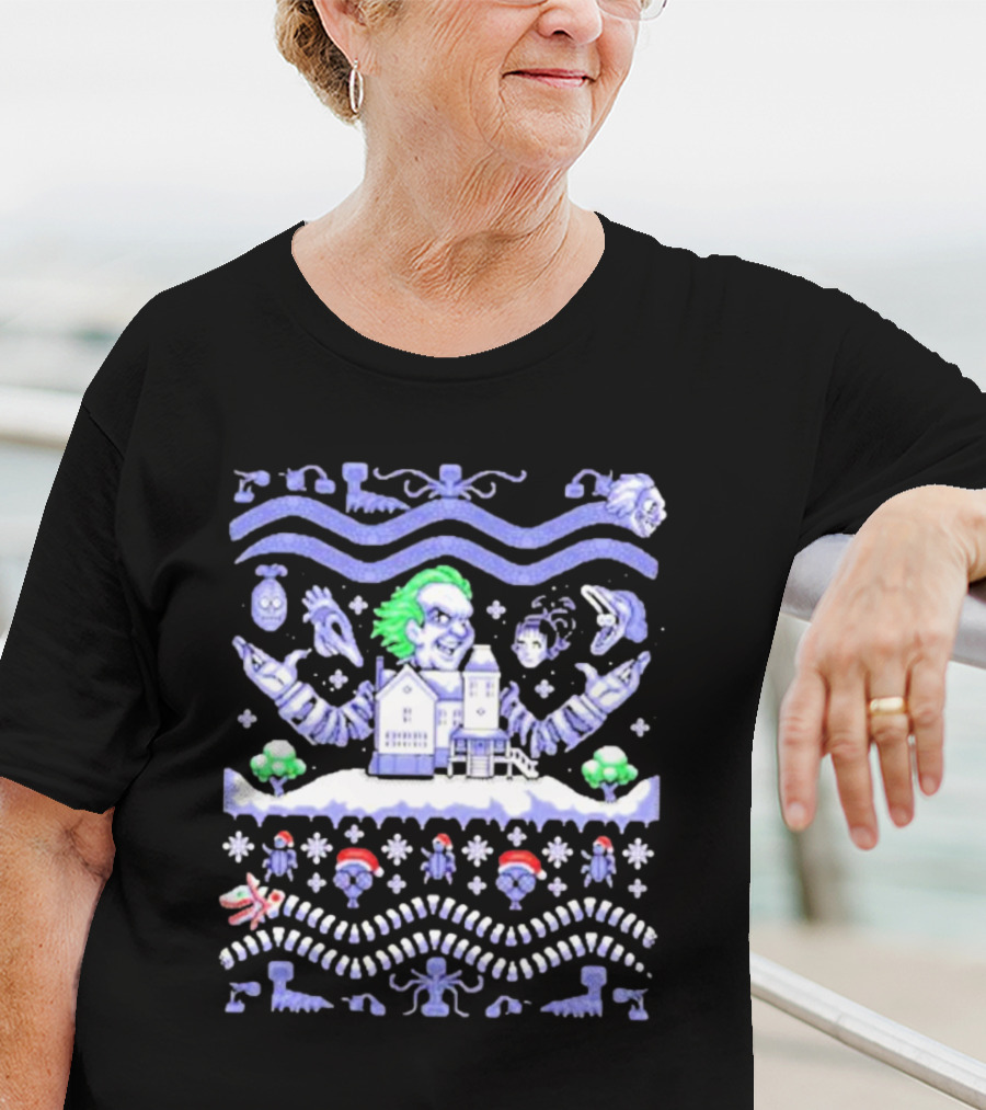Christmas Beetlejuice Snowy House Scene And Ghostly Icons T-Shirt