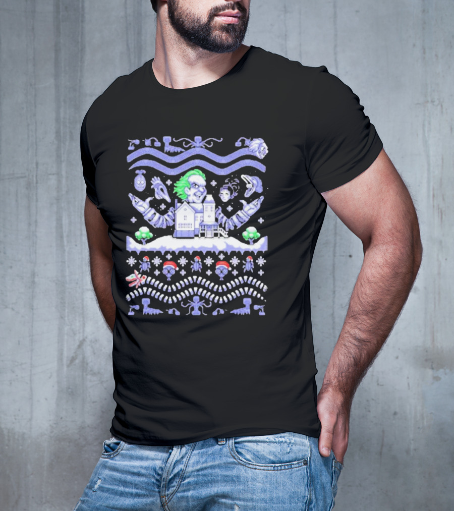 Christmas Beetlejuice Snowy House Scene And Ghostly Icons T-Shirt