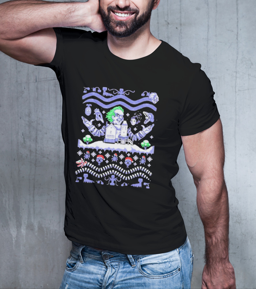 Christmas Beetlejuice Snowy House Scene And Ghostly Icons T-Shirt