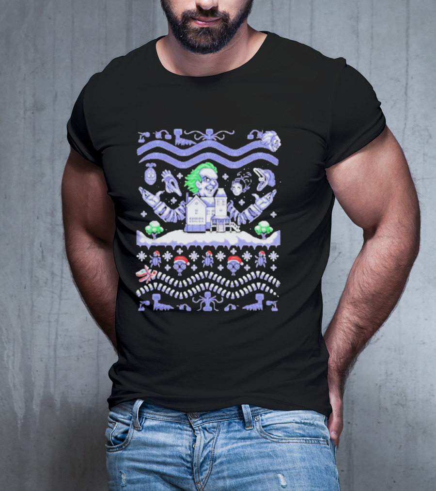 Christmas Beetlejuice Snowy House Scene And Ghostly Icons T-Shirt