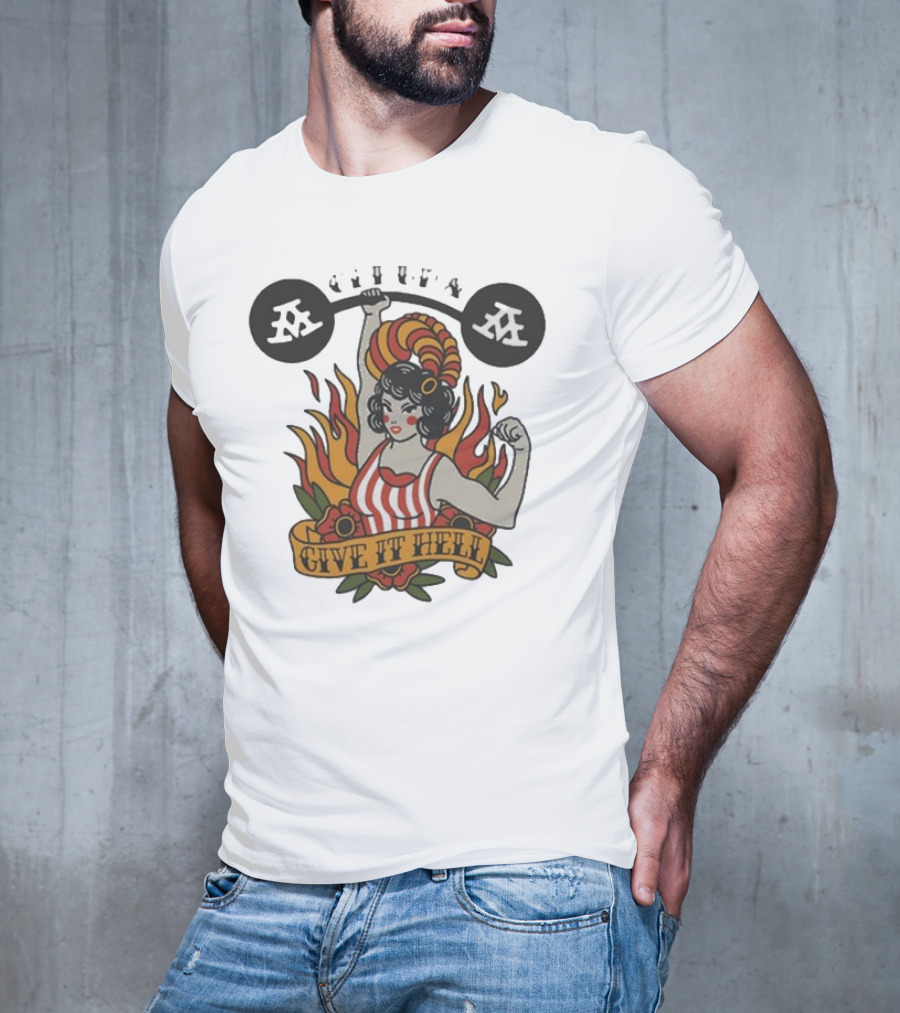 Get Up Give It Hell Retro Strongwoman Flames Barber Pole Haircurl Stripes Roses Boxing Gym Vintage T-Shirt