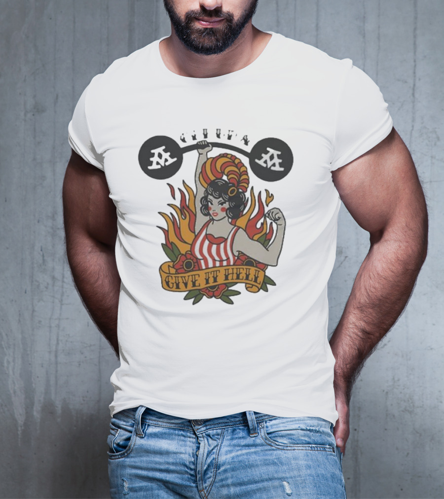 Get Up Give It Hell Retro Strongwoman Flames Barber Pole Haircurl Stripes Roses Boxing Gym Vintage T-Shirt