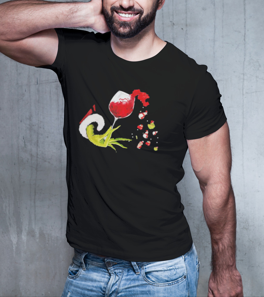 Grinch Hand Christmas Wine Glass Festive Holiday T-Shirt