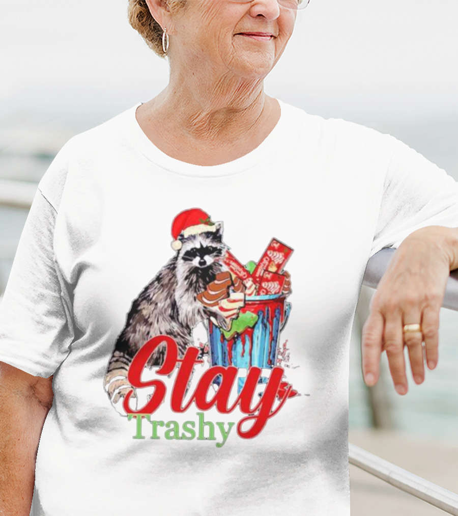 Stay Trashy Christmas Raccoon Xmas Lover With Santa Hat T-Shirt