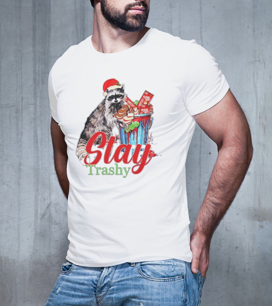 Stay Trashy Christmas Raccoon Xmas Lover With Santa Hat T-Shirt