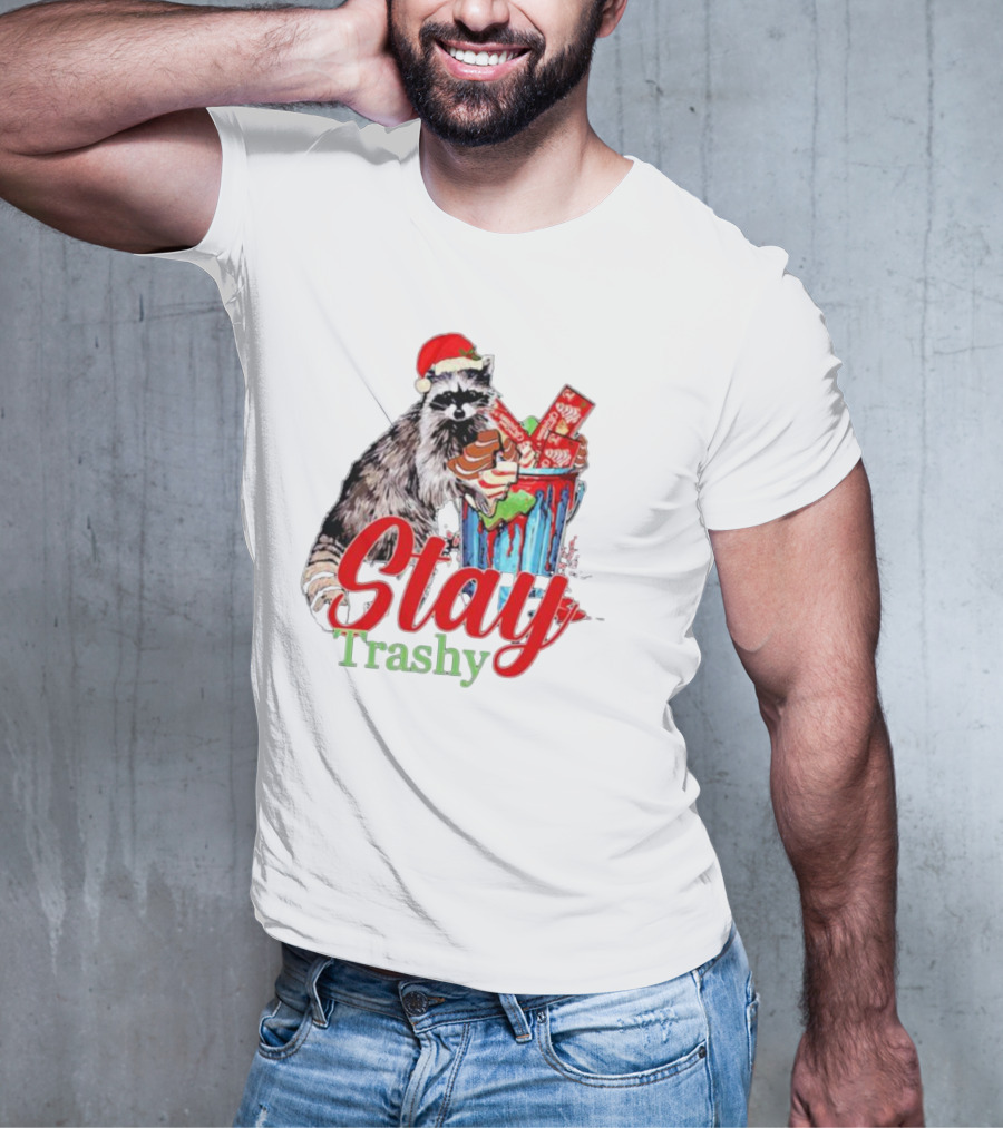 Stay Trashy Christmas Raccoon Xmas Lover With Santa Hat T-Shirt