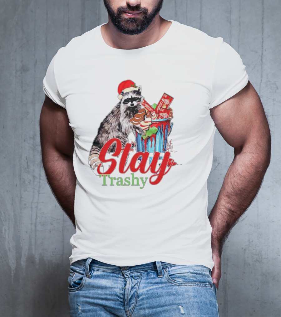 Stay Trashy Christmas Raccoon Xmas Lover With Santa Hat T-Shirt