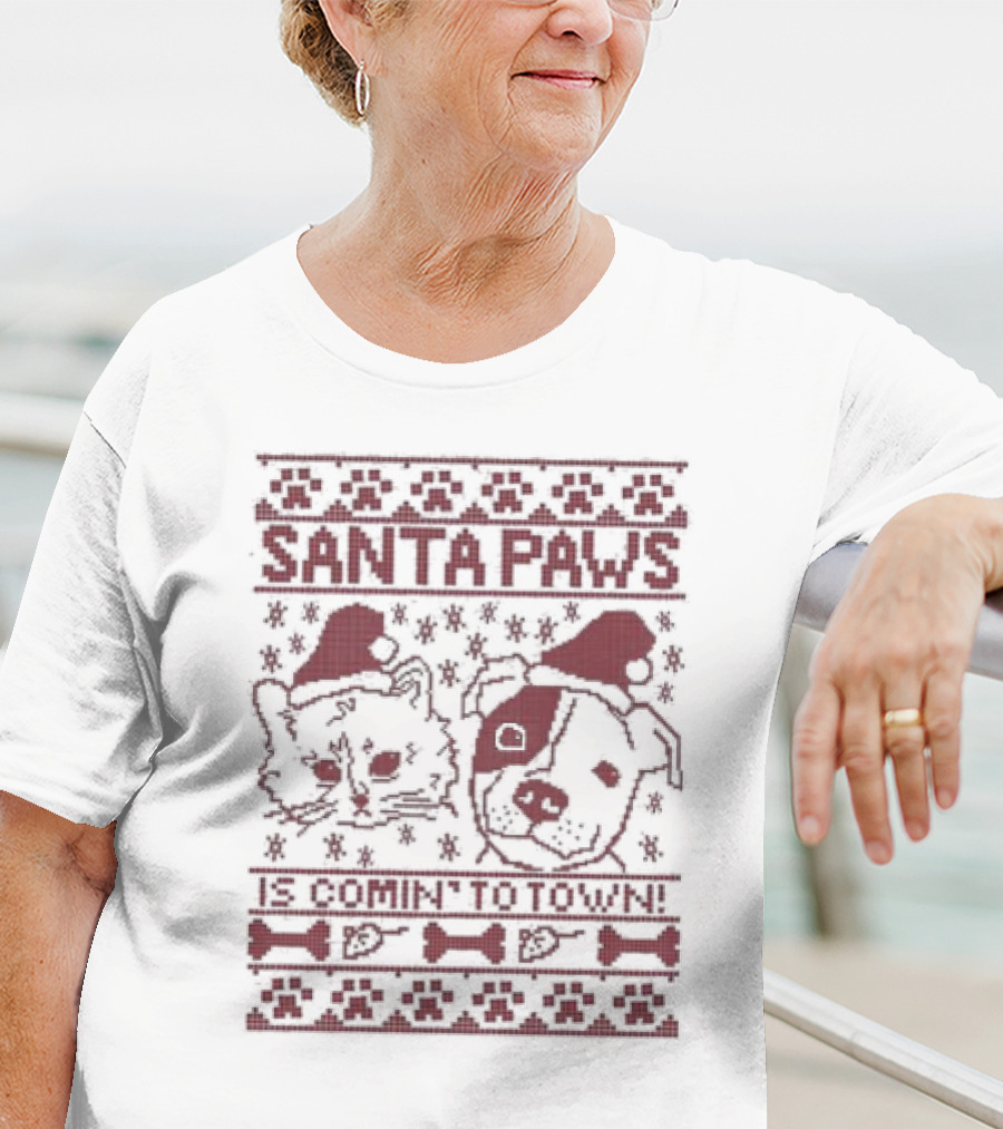Santa Paws Cat And Dog Christmas Sweater Is Comin' To Town T-Shirt