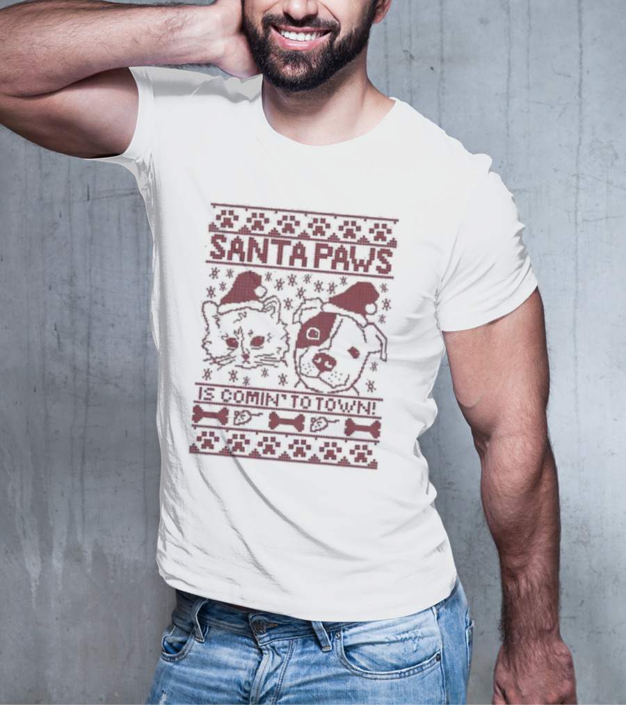 Santa Paws Cat And Dog Christmas Sweater Is Comin' To Town T-Shirt