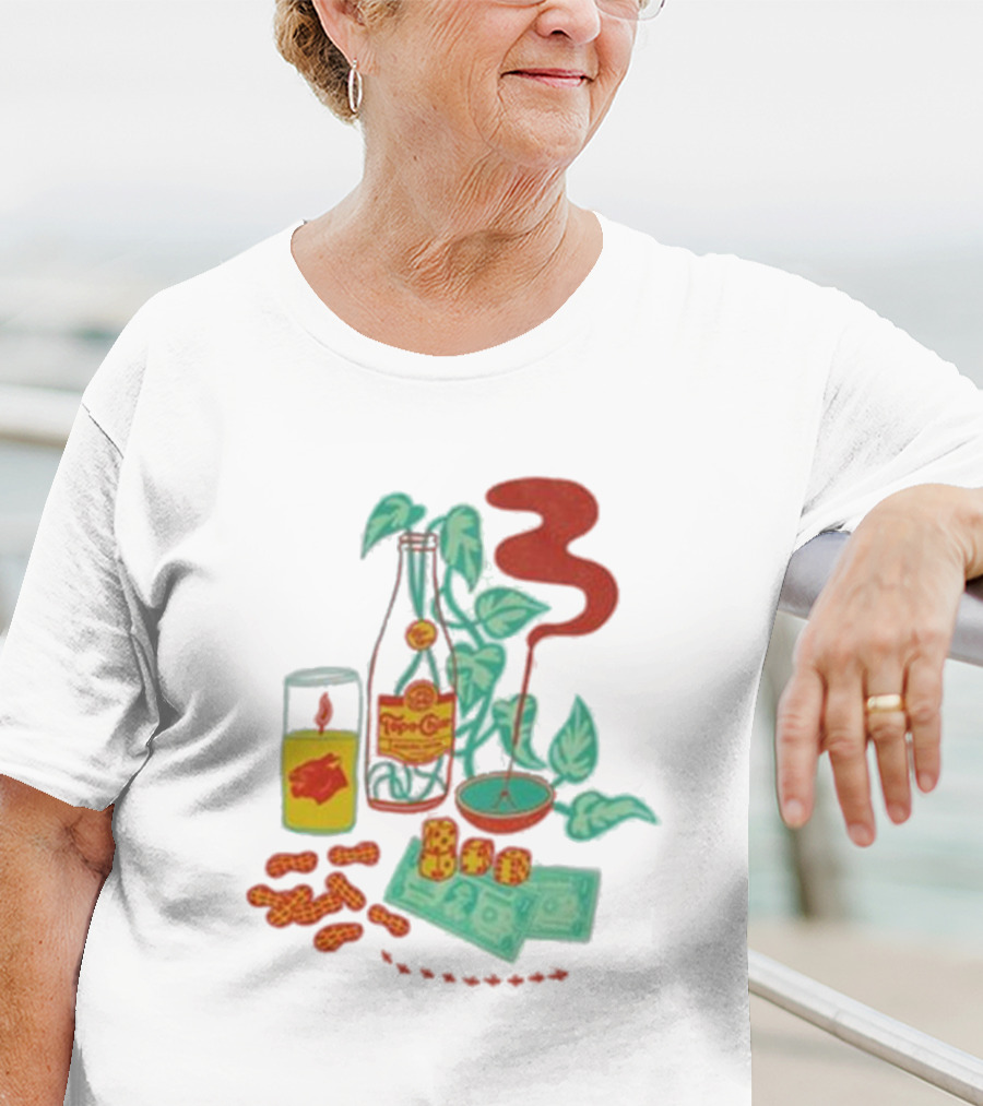 Quarenscene Natural Topo Chico Bottle With Dice, Peanuts, Dollar Bills, Glass, And Smoking Pipe Scene T-Shirt