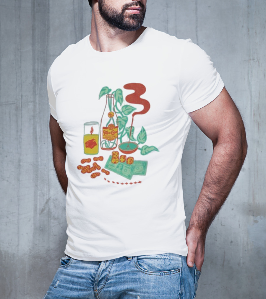 Quarenscene Natural Topo Chico Bottle With Dice, Peanuts, Dollar Bills, Glass, And Smoking Pipe Scene T-Shirt