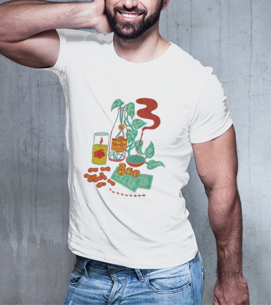 Quarenscene Natural Topo Chico Bottle With Dice, Peanuts, Dollar Bills, Glass, And Smoking Pipe Scene T-Shirt