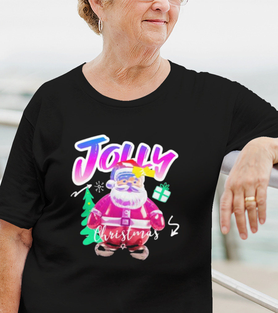 Jolly Merry Christmas Santa Balloon With Gift And Christmas Tree T-Shirt