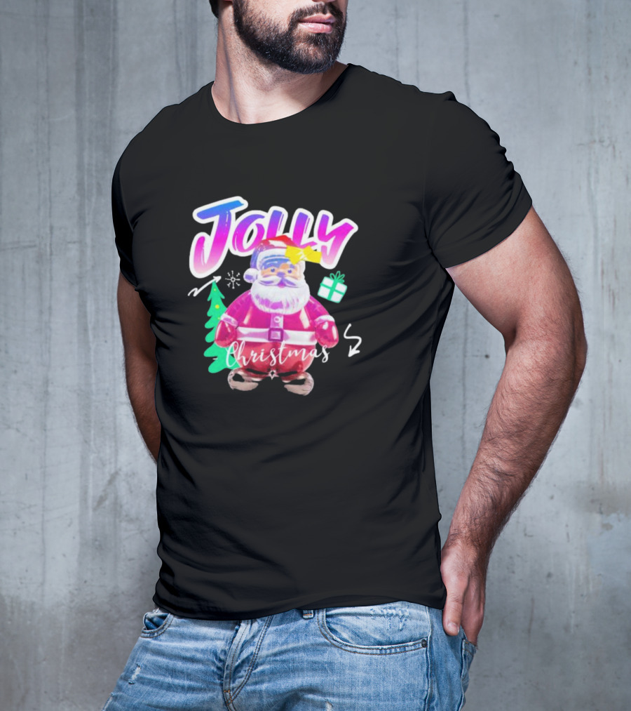 Jolly Merry Christmas Santa Balloon With Gift And Christmas Tree T-Shirt