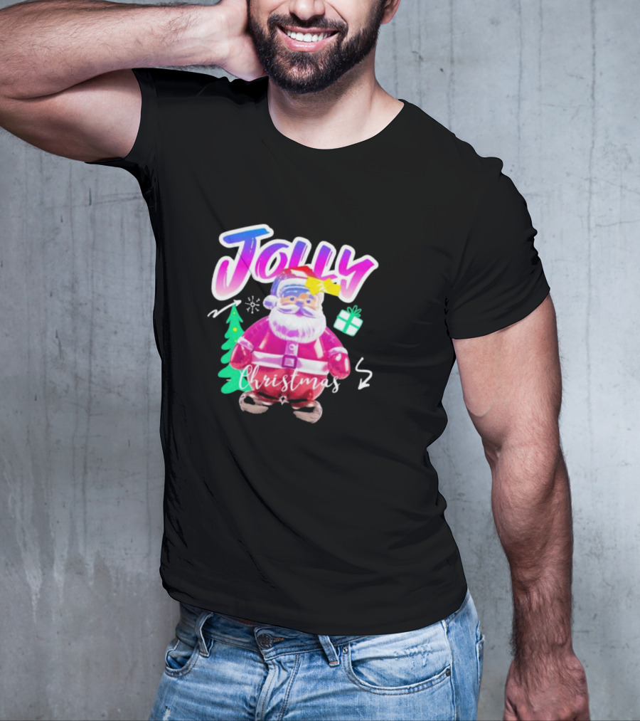 Jolly Merry Christmas Santa Balloon With Gift And Christmas Tree T-Shirt