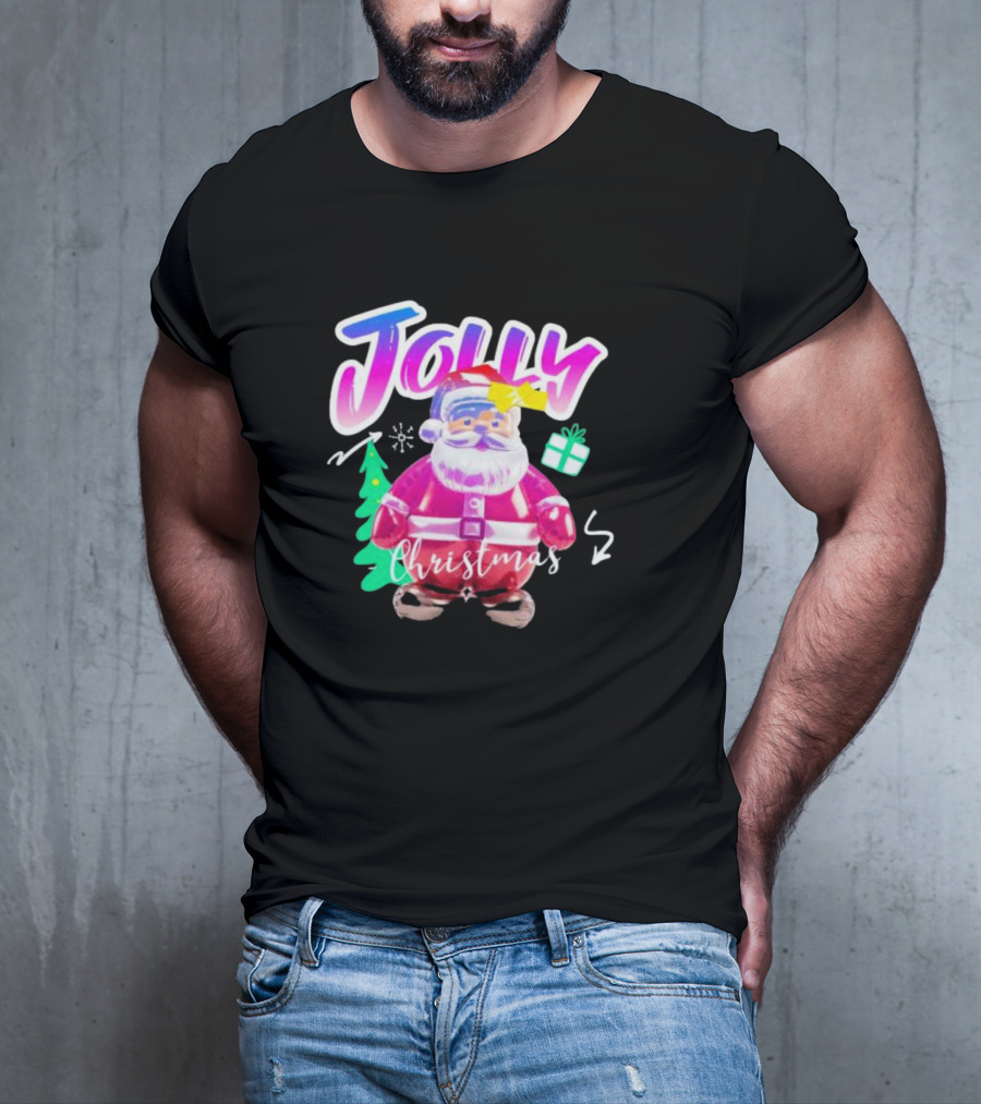 Jolly Merry Christmas Santa Balloon With Gift And Christmas Tree T-Shirt