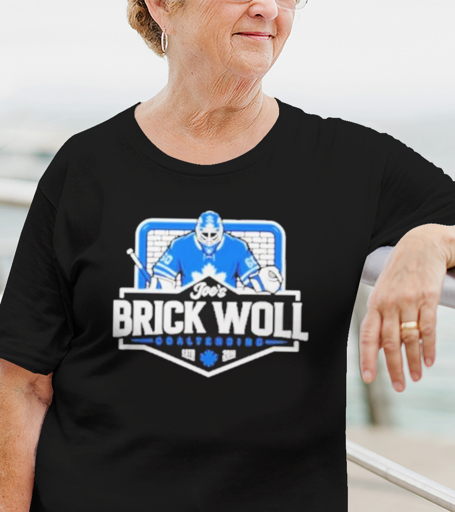 Joe's Brick Woll Goaltending Hockey Maple Leafs 60 Blue Goalie Blocking Net T-Shirt