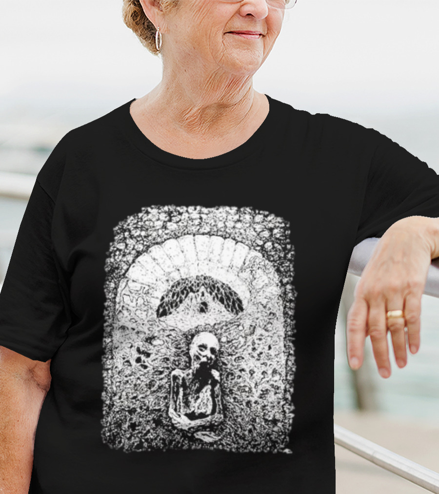 Mortiferum Cave Dweller Skeleton In Gothic Archway T-Shirt