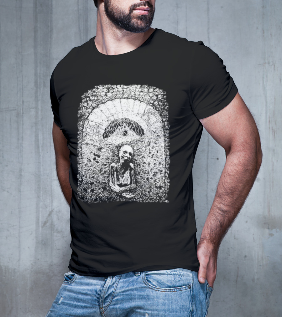 Mortiferum Cave Dweller Skeleton In Gothic Archway T-Shirt