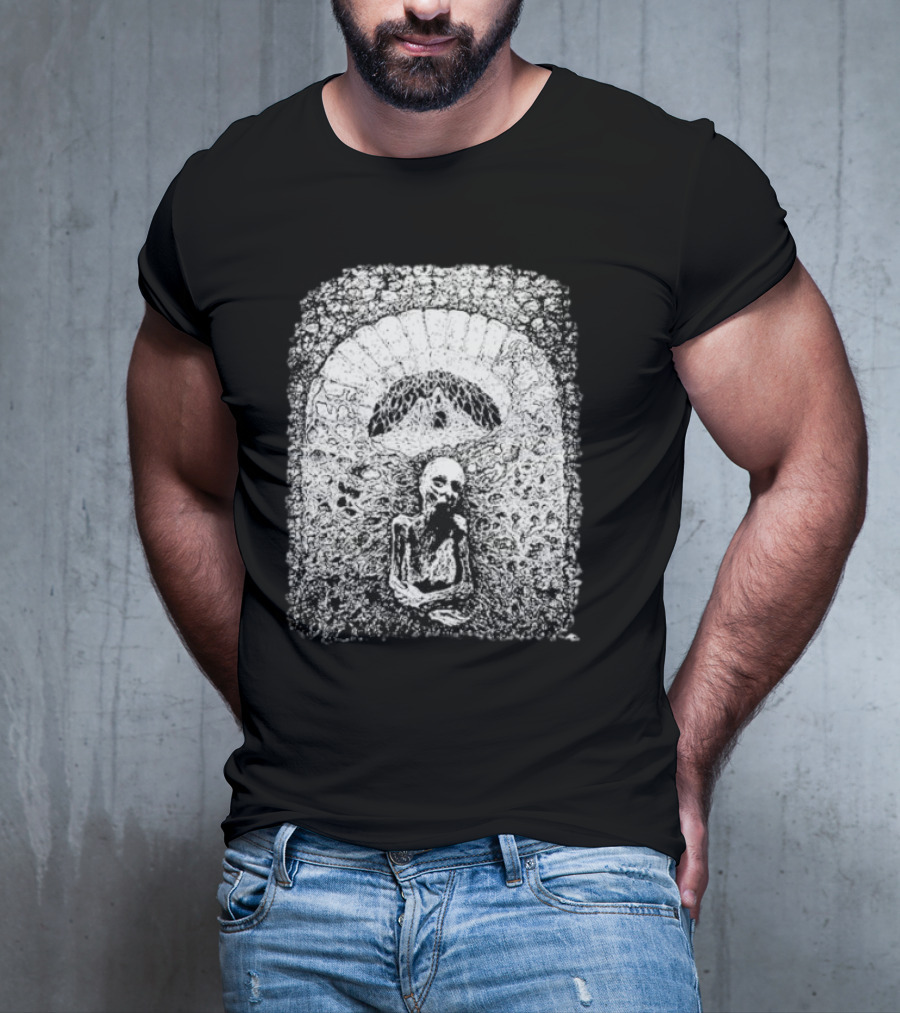 Mortiferum Cave Dweller Skeleton In Gothic Archway T-Shirt