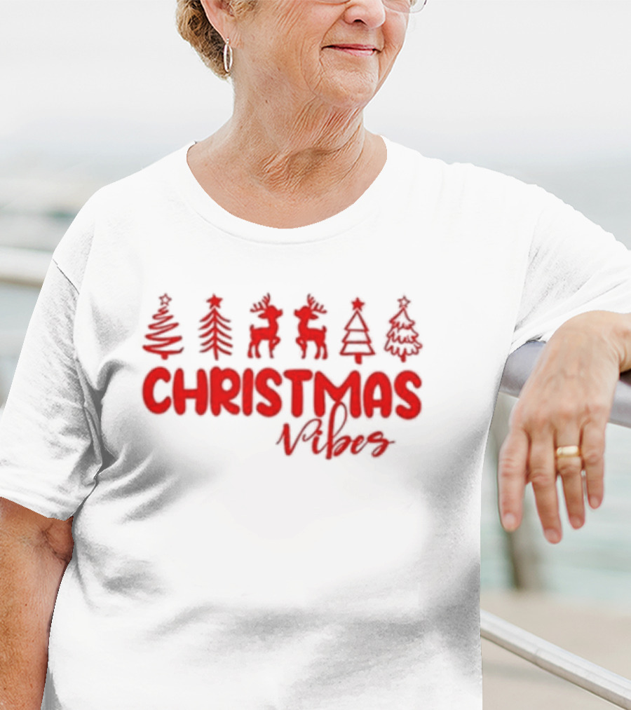 Christmas Vibes Festive Trees And Reindeer T-Shirt