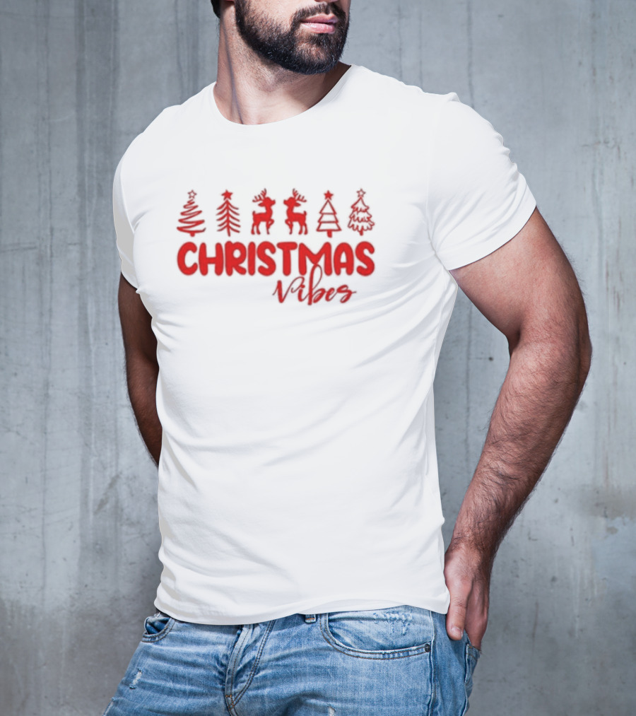 Christmas Vibes Festive Trees And Reindeer T-Shirt