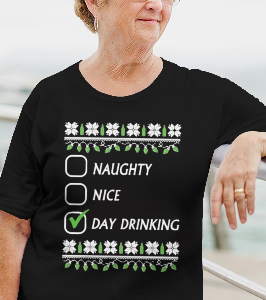 Naughty Nice Day Drinking Christmas Floral Checklist T-Shirt