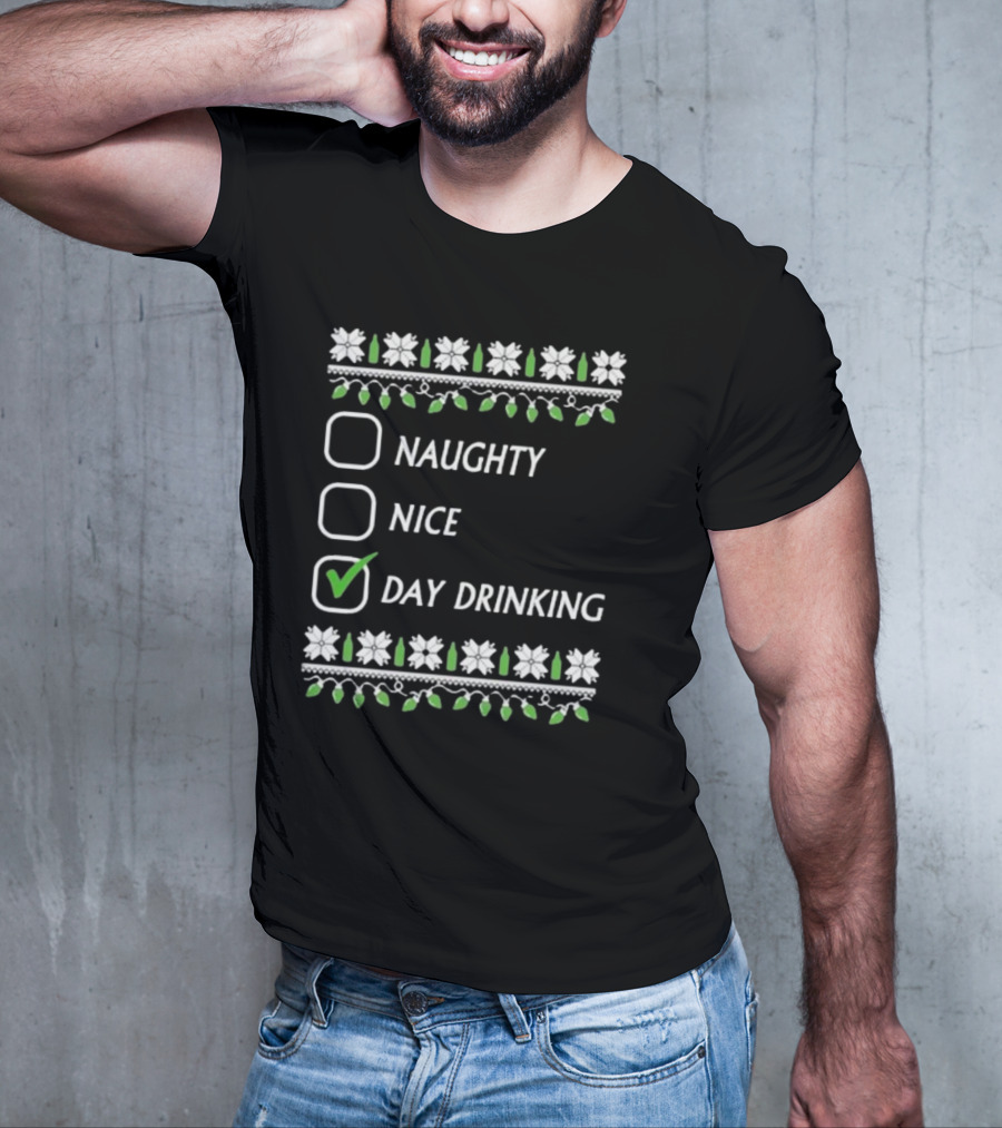 Naughty Nice Day Drinking Christmas Floral Checklist T-Shirt